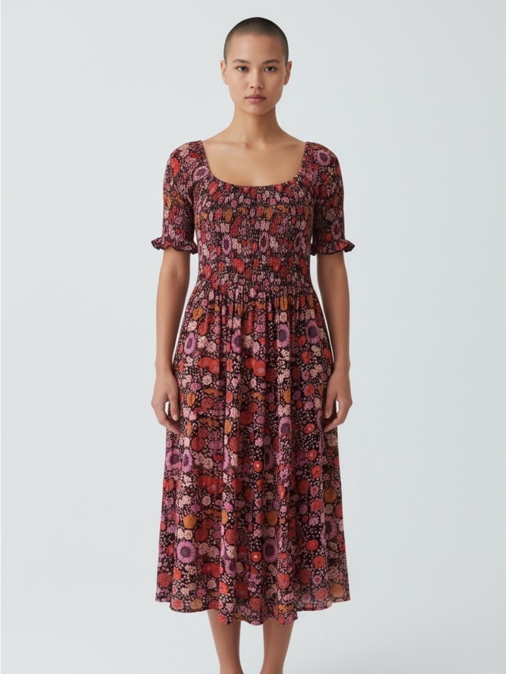 NATURAL LIFE Scoop-Neck Floral Midi Dress in Red, Pink, Purple